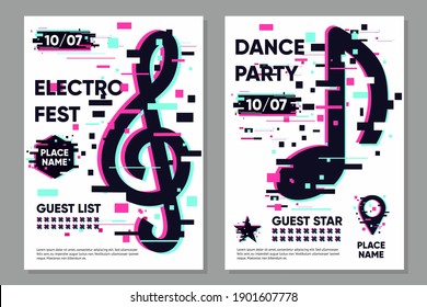 Carteles con notas musicales. Fondo de la fiesta, signos musicales vectoriales. Ilustración de moda al estilo de Glitch. Plantilla de banner del festival de danza.