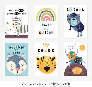 Posters set for nursery design. Cute forest animals in scandinavian style - zebra, bear, lynx, tiger, ox. Vector. Kids print for baby clothes, greeting card, wrapping. Lettering, motivational quotes.