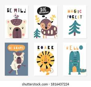 Posters set for nursery design. Cute forest animals in scandinavian style - lion, bear, croc, deer. Vector. Kids print for baby clothes, greeting card, wrapping. Lettering, motivational quotes.