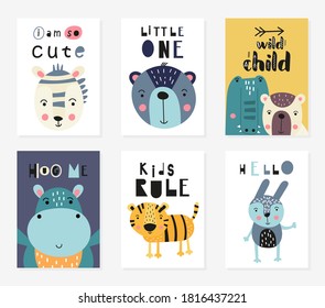 Posters set for nursery design. Forest animals in scandinavian style - zebra, bear, croc, hippo, tiger. Vector. Kids print for baby clothes, greeting card, wrapping. Lettering, motivational quotes.