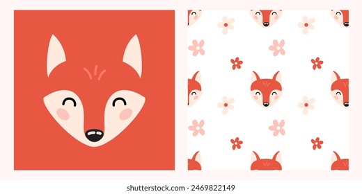 Carteles para la guardería, habitación de los niños. Animales del bosque, linda cabeza de zorro de dibujos animados. Flores rosas, manzanas. Ilustración vectorial