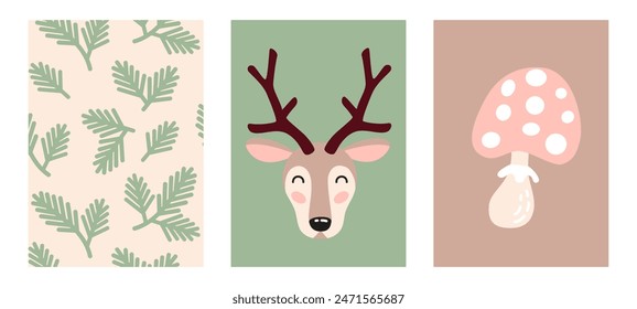 Posters set for nursery, kids room. Forest animals, cute cartoon deer head. Spruce branches, fly agaric. Vector illustration