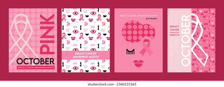 afiches programados para el mes de octubre de sensibilización sobre el cáncer de mama. Diseños creativos con cinta rosa, mujer rosa y patrones. Ilustraciones vectoriales.