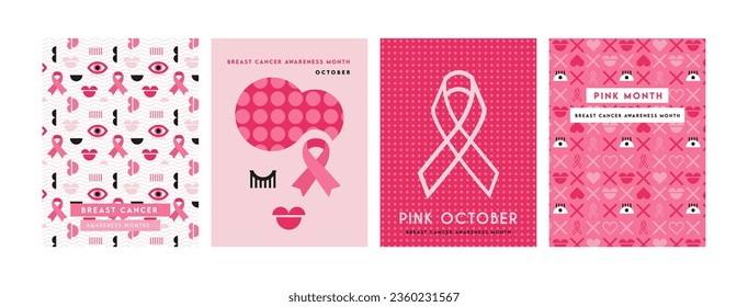 posters set for October Breast Cancer awareness month. Creative designs with pink ribbon, pink woman and patterns. Vector illustrations.