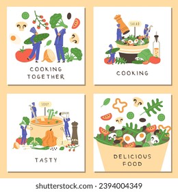 Carteles de chefs profesionales cocinando comida deliciosa, ilustración vectorial plana. Gente pequeña sosteniendo verduras, removiendo sopa en maceta y ensalada de condimento. Concepto de nutrición saludable.