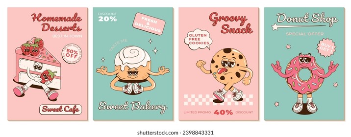 Posters set with retro groovy cheerful desserts characters. Retro cartoon branding mascots for cafe. Vector promo illustrations with a donut, cake, cookie and synabon for leaflet, flyer, brochure.