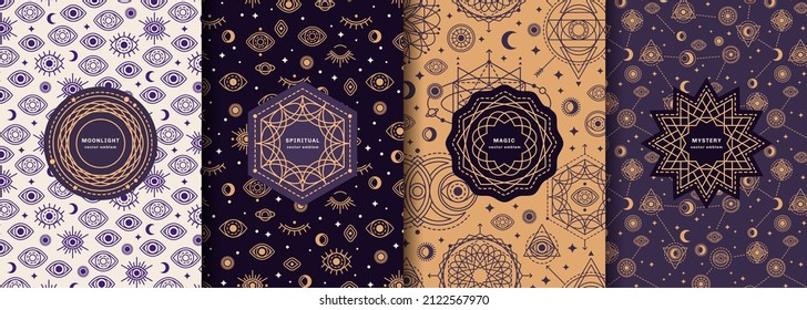 Posters Set with Sacred Geometry Forms, Space, Moon and Sun. Vector illustration. Retro Logo Emblem Design, Alchemy, Occult and Mystic Patterns Background. Esoteric Celestial Prints for Halloween.