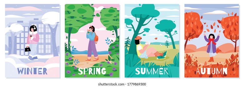 Posters set of the seasons - winter and spring, summer and autumn with young girl cartoon character in a landscape flat vector illustration. Four seasons cards bundle.