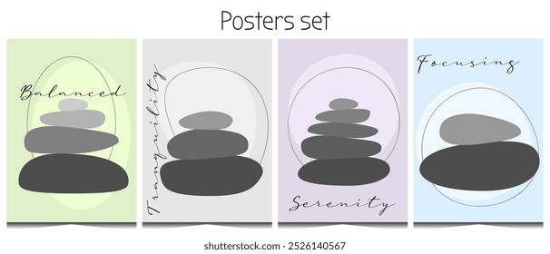 Posters set with stones in balance. Neutral pastel colors posters in vertical A4 format. Interior minimalist posters in flat style. Isolated on white back. Zen and tranquility covers for printing.