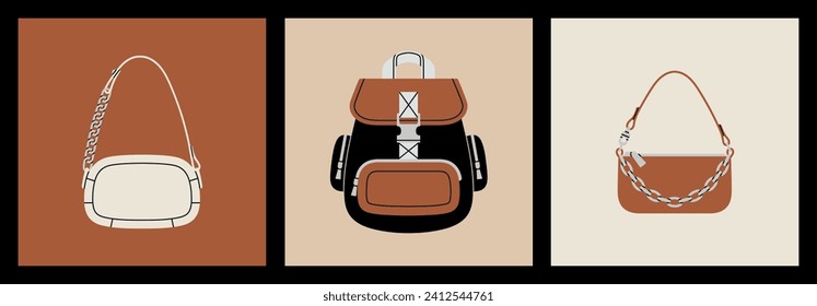 Posters set with stylish handbags and a backpack. Shoulder and crossbody bags, leather and textile. Fashion and lifestyle. Hand drawn colorful vector illustrations. Trendy shapes and colors.