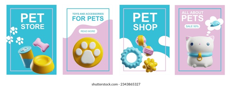 Posters set tamplate with 3d rendering pet store food. Toys, accessories and nutrition. Advertising cat and dog cute care shop. Cartoon vector illustration on pink and blue background in plastic style