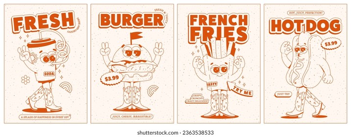 Posters set with trendy retro groovy fast food characters. Contemporary cartoon style on 60s-70s characters. Mascots for bar and restaurant. Vector illustration in monochrome red palette.