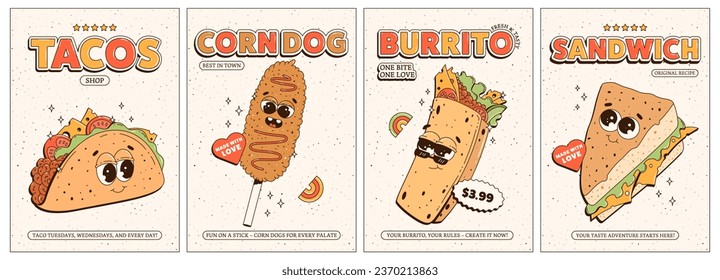 Posters set with trendy retro groovy fast food characters. Taco, corn dog, burrito, sandwich. Contemporary cartoon style on 60s-70s characters. Mascots for bar and restaurant. Vector illustration.