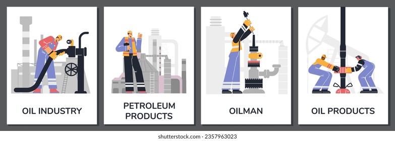 Posters set of various processes for maintaining the operability of oil and gas production and processing plants. Oil industry workers and engineers on petroleum processing vector flat illustrations