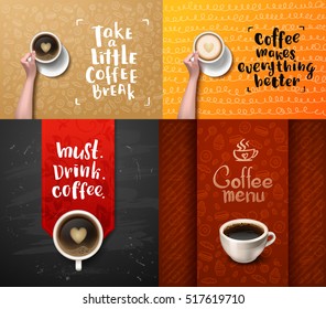 posters set Vector hand holding cup . calligraphy . Menu for restaurant, cafe, bar