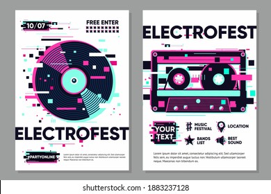 Posters set with vinyl record and audio cassette Music vector banner. Party background, electronic style. Glitch trendy illustration. Dance festival banner template.