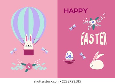 Posters set with white bunny, colored eggs, spring flowers, lettering. Vector flat illustration. Holiday banner, card, flyer or greeting voucher. Bunny in a balloon in a basket.