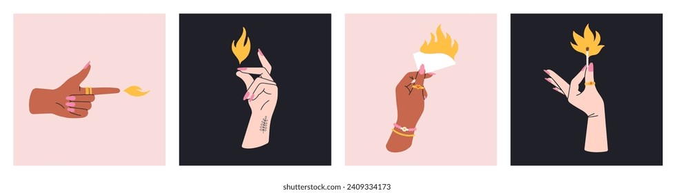 Posters set with women's hands holding objects in flame, fire elements. Different gestures, stylish manicure, jewelry and tattoos. Nice design. Hand drawn vector illustrations.