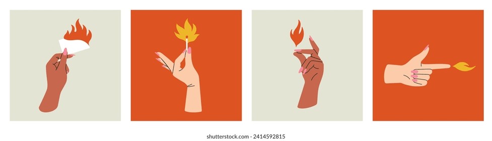 Posters set with women's hands holding objects in flame, fire elements. Different gestures, stylish manicure. Nice design. Hand drawn vector illustrations isolated on colorful backgrounds.