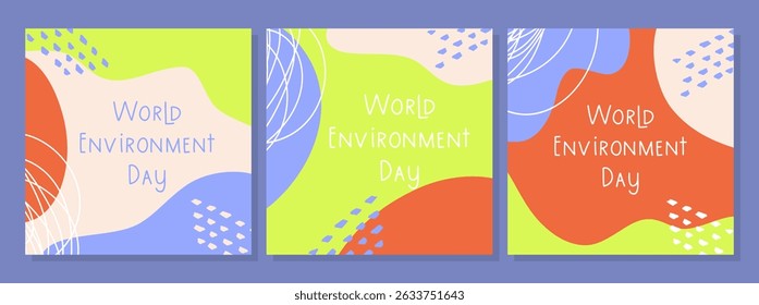 Posters set of World Environment Day, brochure, flyer, bright templates. Eco organic line abstract shape drawing, boho style hand drawn design, simple wallpaper.