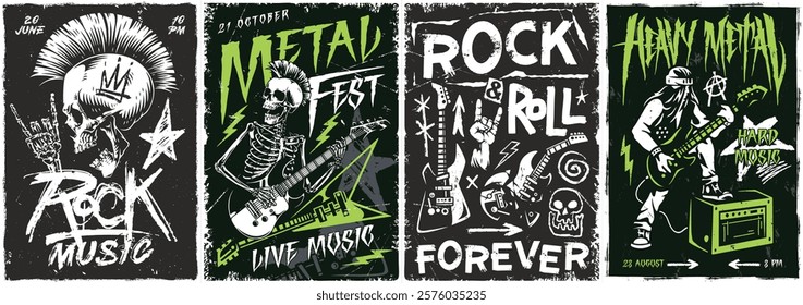 Posters showcase a vibrant rock music festival featuring metal and punk styles. Creative illustrations highlight guitars skulls and energetic themes in bold colors.