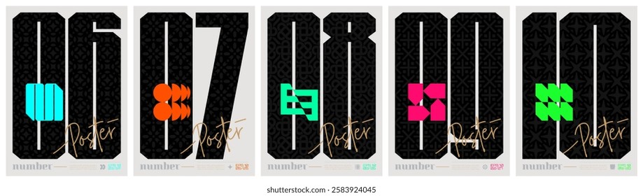 Posters with silhouette brutal shapes and black sport numbers, abstract geometric composition graphic in postmodern aesthetics, Vector retro futuristic graphic artwork A4 format set 2