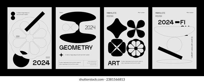 Afiches con silueta de figuras básicas minimalistas, extraordinarios activos gráficos de formas geométricas estilo suizo, brutalista de impresión monocromo moderno mínimo.