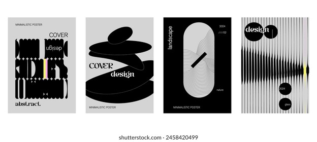 Posters with silhouette minimalistic basic figures, extraordinary graphic assets of geometrical shapes swiss style. Modern minimal monochrome print brutalist.