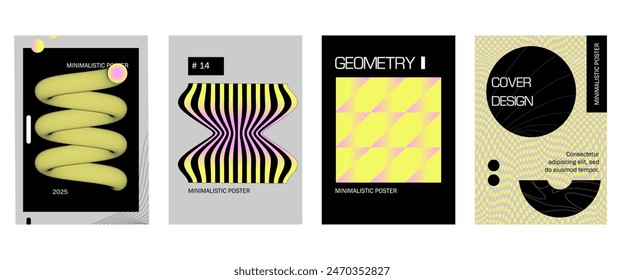 Posters with silhouette minimalistic basic figures, extraordinary graphic assets of geometrical shapes. Modern minimal print brutalist.