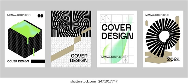 Posters with silhouette minimalistic basic figures, extraordinary graphic assets of geometrical shapes. Modern minimal print brutalist.