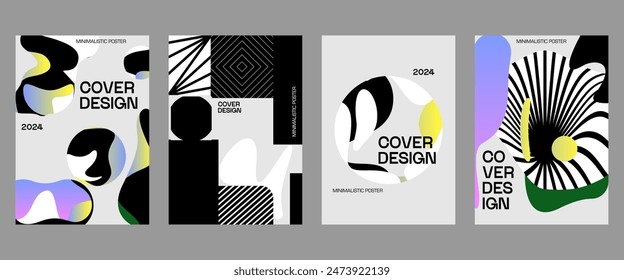 Posters with silhouette minimalistic basic figures, extraordinary graphic assets of geometrical shapes. Modern minimal print brutalist.