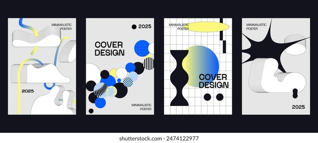 Posters with silhouette minimalistic basic figures, extraordinary graphic assets of geometrical shapes. Modern minimal print brutalist.