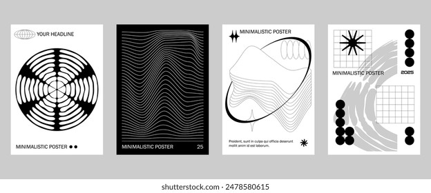 Posters with silhouette minimalistic basic figures, extraordinary graphic assets of geometrical shapes swiss style. Modern minimal monochrome print brutalist.