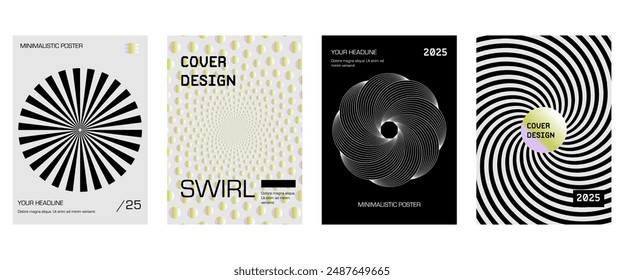 Posters with silhouette minimalistic basic figures, extraordinary graphic assets of geometrical shapes swirl style. Modern minimal monochrome print brutalist.