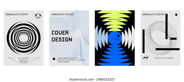 Posters with silhouette minimalistic basic figures, extraordinary graphic assets of geometrical shapes swirl style. Modern minimal monochrome print brutalist.