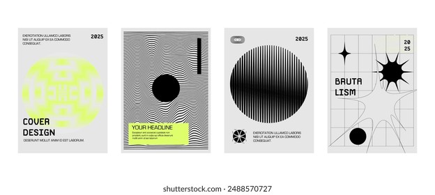 Posters with silhouette minimalistic basic figures, extraordinary graphic assets of geometrical shapes swirl style. Modern minimal monochrome print brutalist.