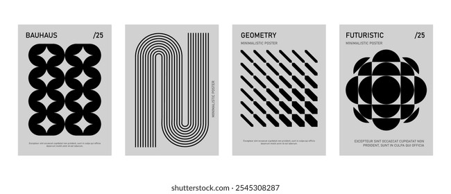 Posters with silhouette minimalistic basic figures, extraordinary graphic assets of geometrical shapes.  Trendy bauhaus pattern backgrounds.