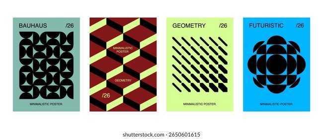 Posters with silhouette minimalistic basic figures, extraordinary graphic assets of geometrical shapes. Trendy bauhaus pattern backgrounds.