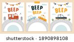 Posters with simple childish, cartoon style cars and lettering  Beep beep.Hand drawn geometric car, police car, fire truck, flags, road and letters. For nursery posters, cards, boys bedroom decor.