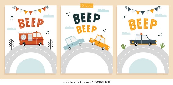 Posters with simple childish, cartoon style cars and lettering  Beep beep.Hand drawn geometric car, police car, fire truck, flags, road and letters. For nursery posters, cards, boys bedroom decor.