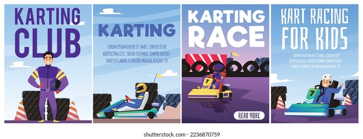 Posters for social media or flyers collection for karting club and kart speed competition, flat vector illustration. Karting club promo banners or posters bundle.