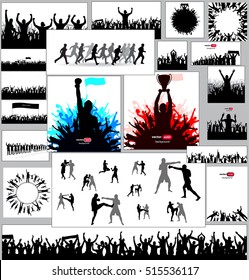 Posters for sporting events and concerts. Banner of the winner with the Cup in his hands. Silhouettes of martial arts. Poster of the runners.