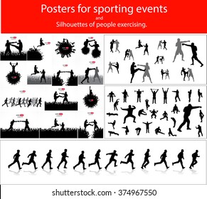 Posters for sporting events and silhouettes of people exercising