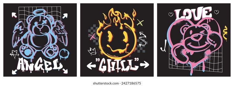 Posters with spray paint teddy bear and flaming emoji icon with typography slogan in graffiti style. Vector illustration design covers with ink characters, sticker for urban style shirts, street wear.