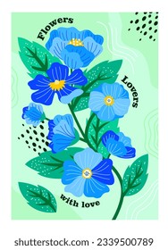 Posters with spring flowers. Abstract flyer with floral pattern and template text, flowering blue plants and foliage. Colorful bloom design for holiday postcard. Cartoon flat vector illustration