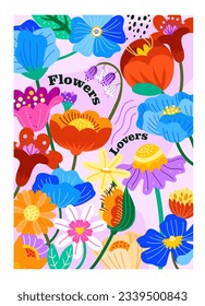 Posters with spring flowers. Abstract flyer with flowering plants and leaves, buds and foliage. Beautiful bright design with bloom for greeting cards and brochures. Cartoon flat vector illustration