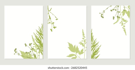 Pôsteres primavera de decoração de ervas para design de interiores. Silhueta de impressão. Gráficos botânicos. Decoração de casa, casamento.