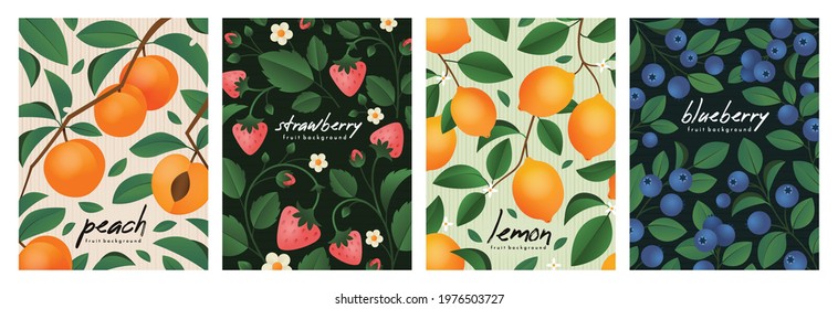 Posters with strawberry, peach, lemon and blueberry branches. Backgrounds with fruits and berries. 