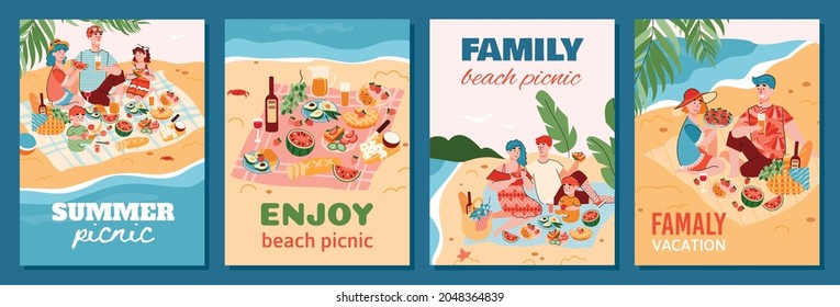 Posters For Summer Family Picnic On The Beach, Cartoon Flat Vector Illustration. Banners Or Postcards With People Enjoying Picnic On The Summer Seashore.