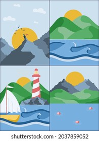 Posters of summer landscapes with different views on sea, mountains, and hills. Vector illustration in a flat style. Vector illustration